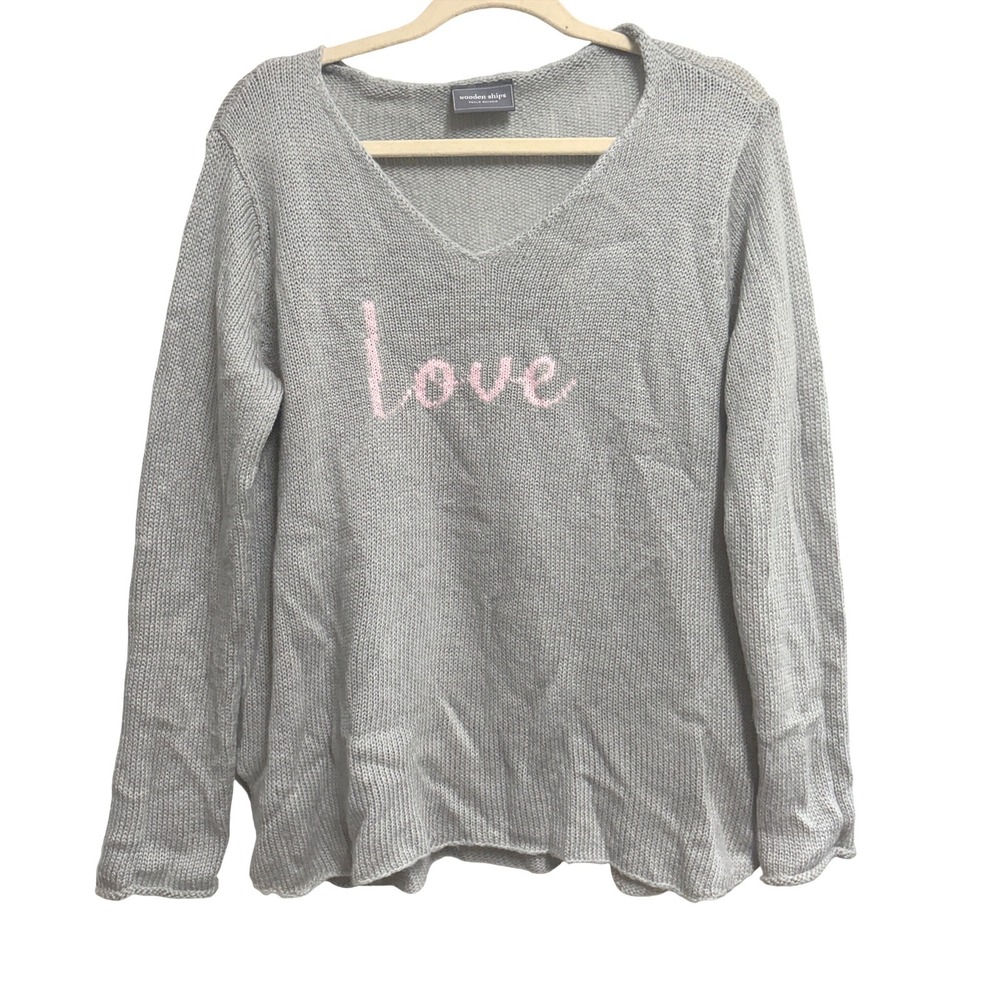 Wooden Ships Love Mohair Wool Blend Sweater Grey Pullover V-Neck Graphic S/M